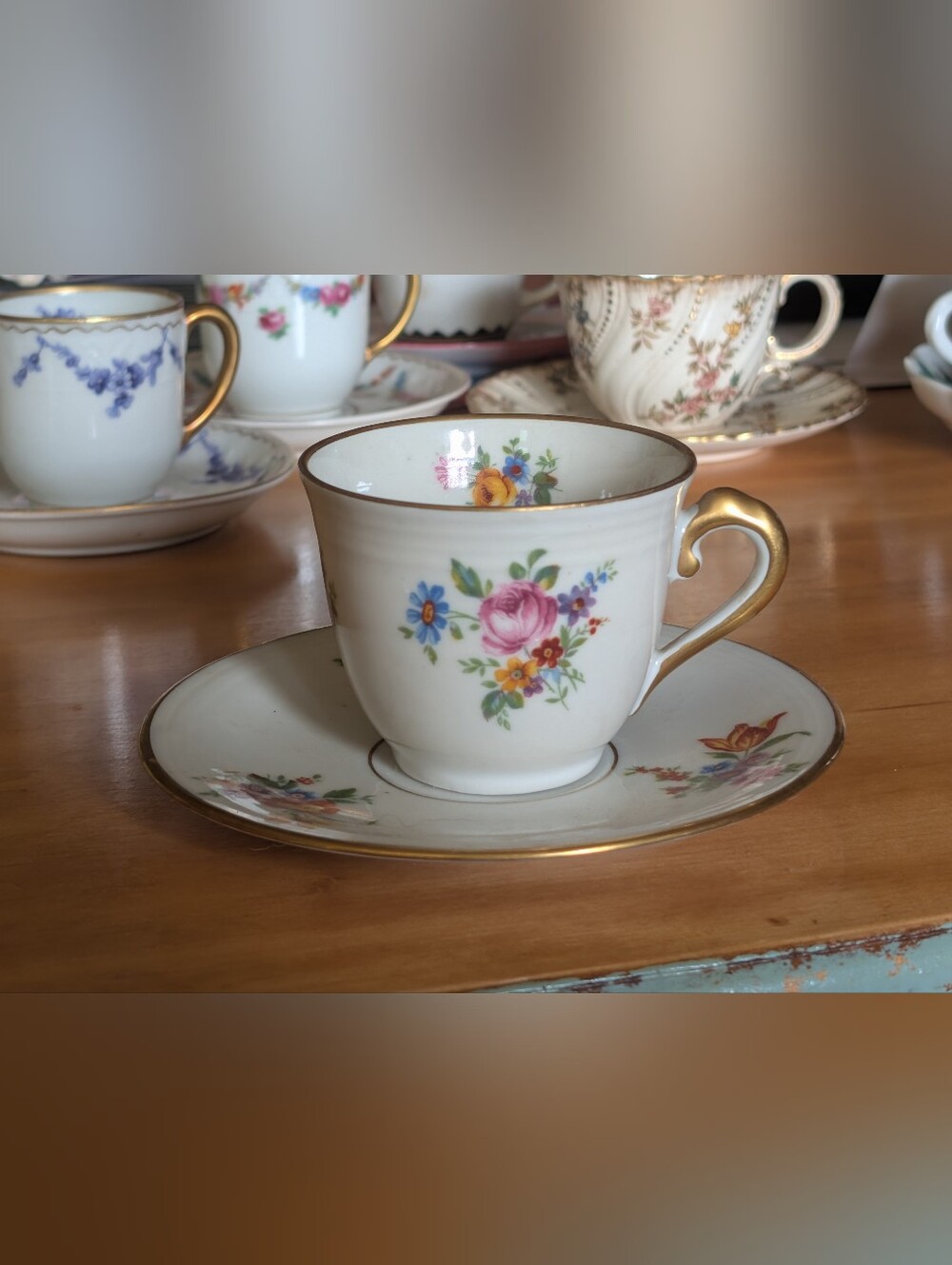 Antique Limoges France Teacup Saucer Set Flambeau GDA Dresden Floral Gold Gilt